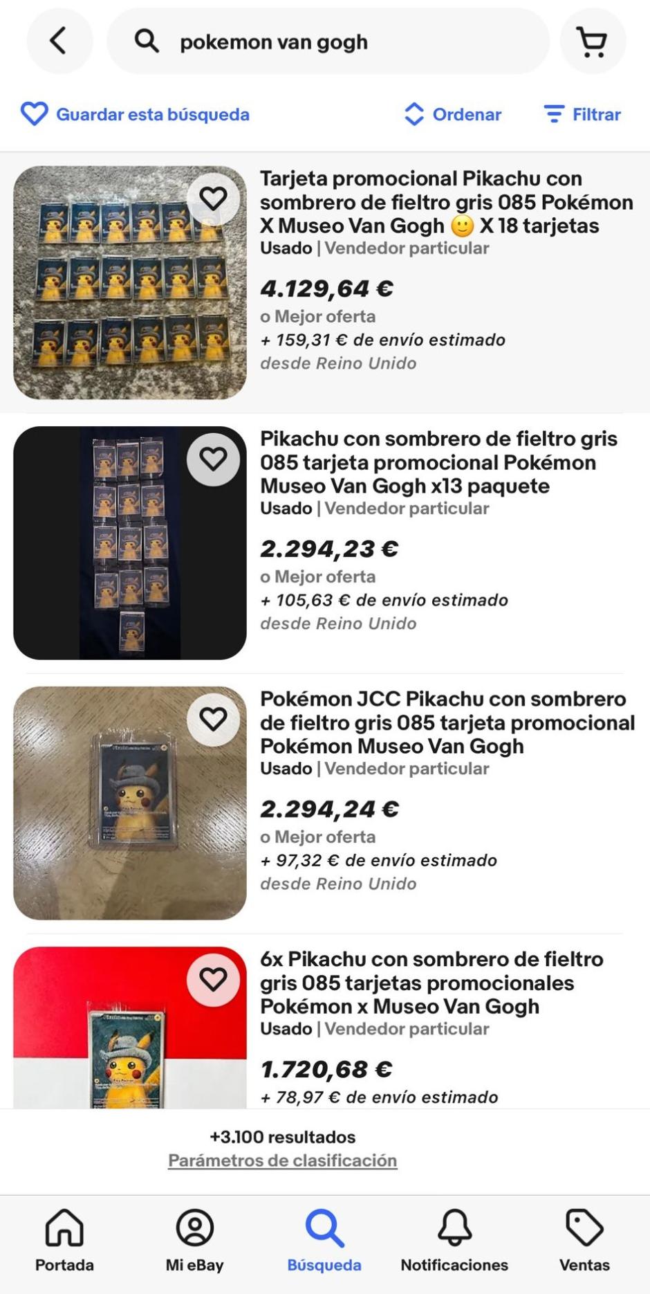 Subastas en Ebay de las cartas especiales de Pokémon by Van Gogh, con precios que alcanzan los 4.000 euros