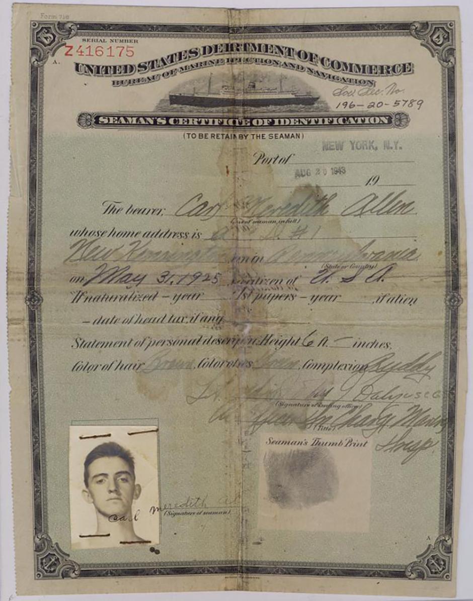 Certificado de identificación de marinero de Carl Allen