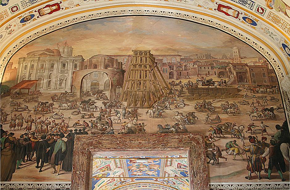 Pintura mural (1585-1588) de la Biblioteca Apostólica Vaticana, que muestra la instalación del obelisco en la plaza de San Pedro