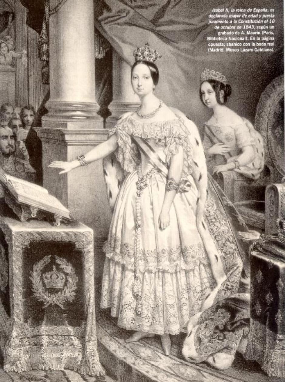Isabel II, Reina de España, es declarada mayor de edad y presta juramento a la Constitución el 10 de octubre de 1843