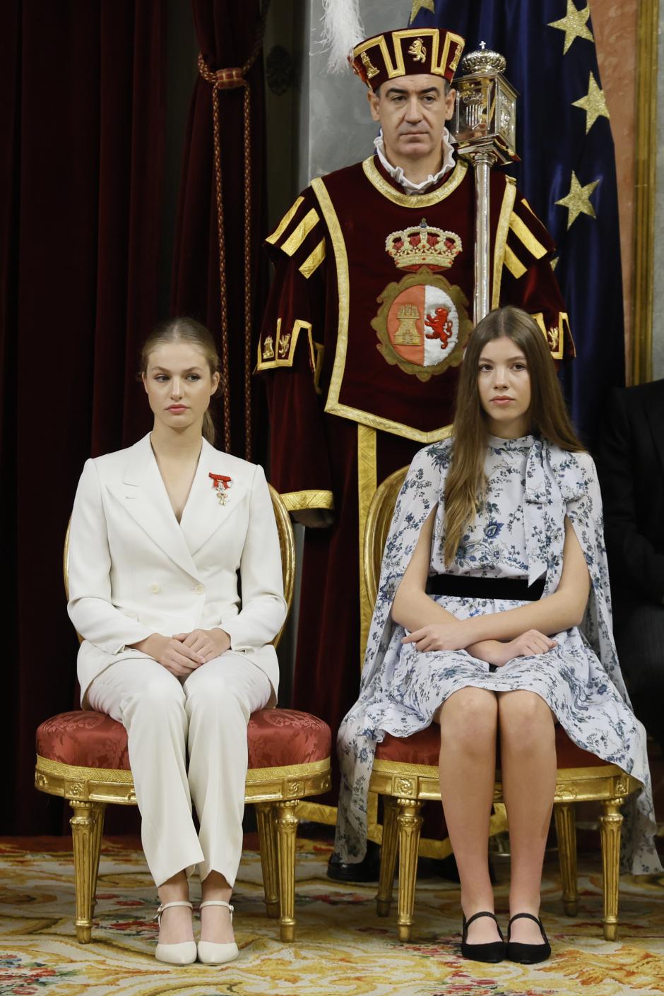 Spanish King Felipe VI and Letizia Ortiz with Princess of Asturias Leonor de Borbon and Sofia de Borbon during Constitution Pledge (Jura de la Constitucion) ceremony in Madrid on Tuesday, 31 October 2023.