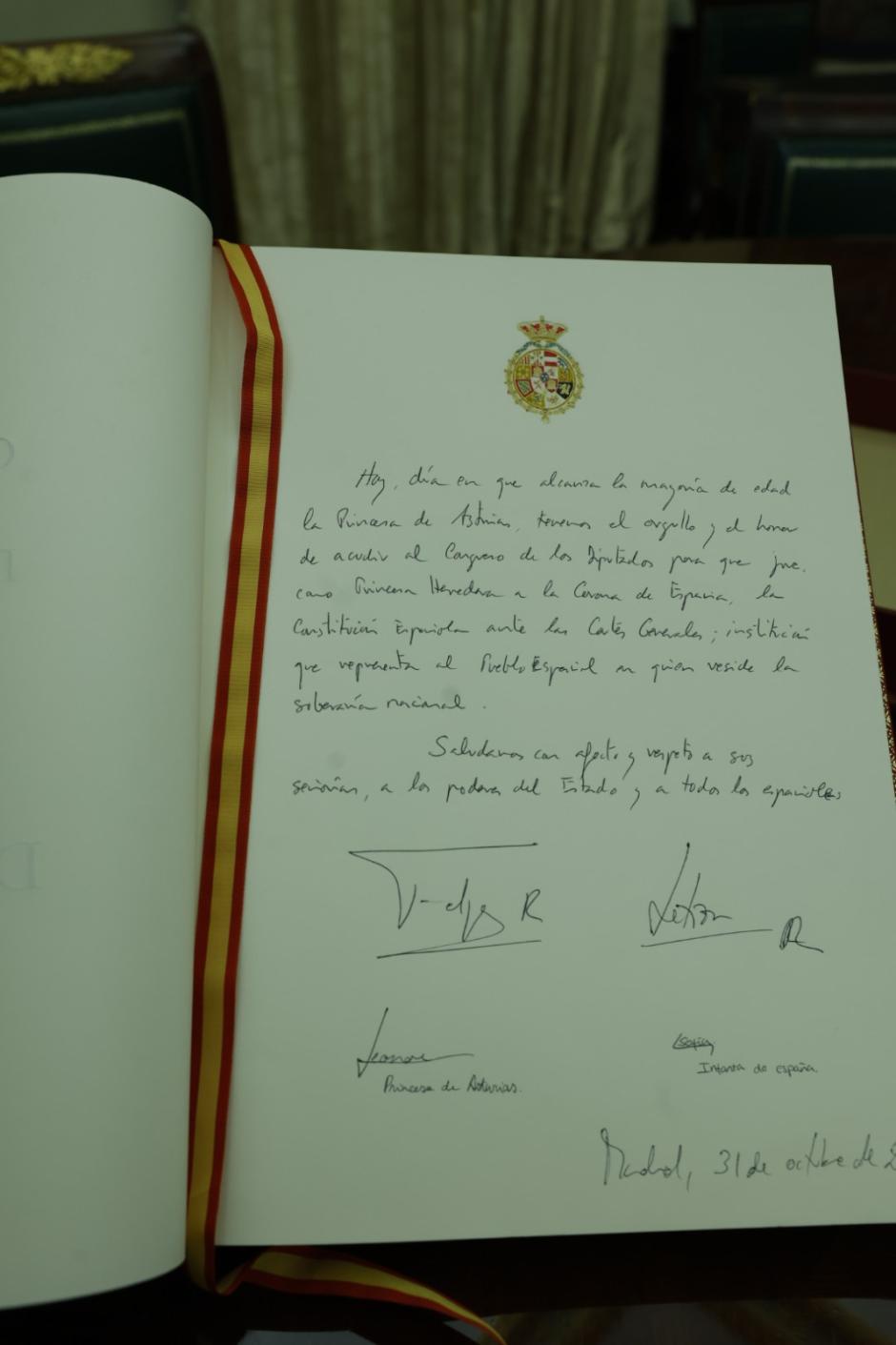 Escrito de Felipe VI en el Libro de Honor del Congreso