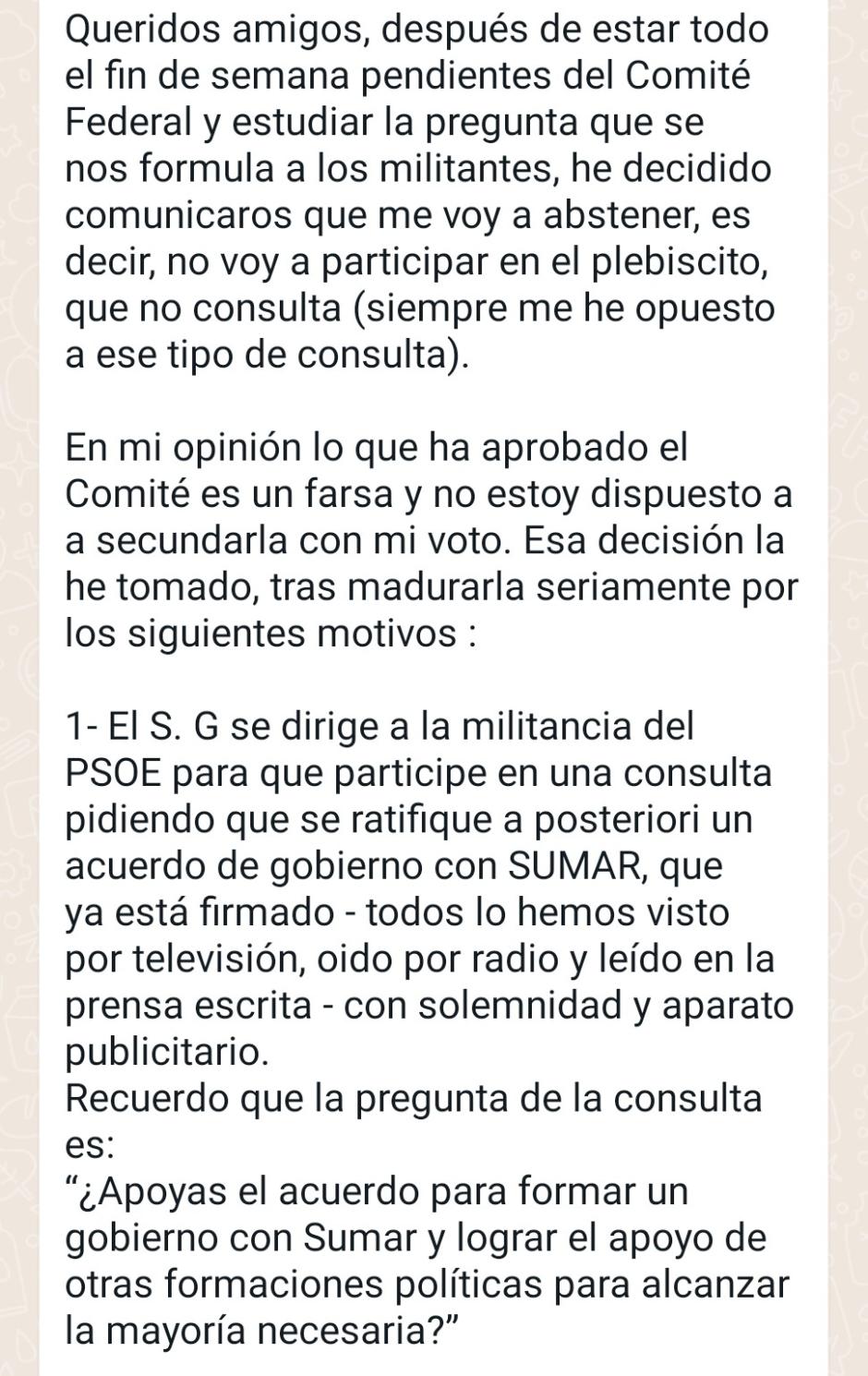 Primera parte de otro mensaje de un grupo privado de ex altos cargos del PSOE