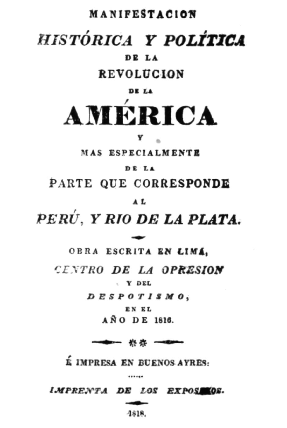 Portada de la "Manifestación histórica y política de la revolución de América", escrito por José de la Riva Agüero y Sánchez Boquete