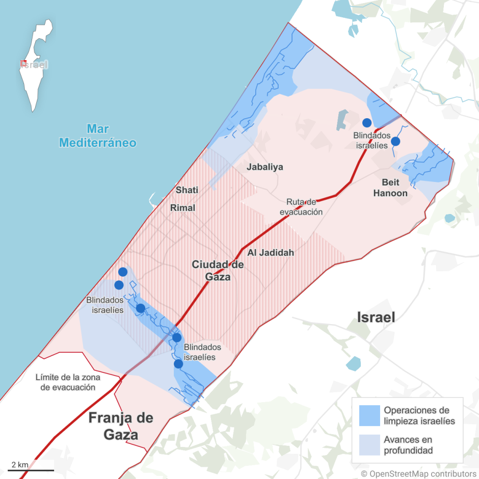 Mapa del avance israelí en Gaza