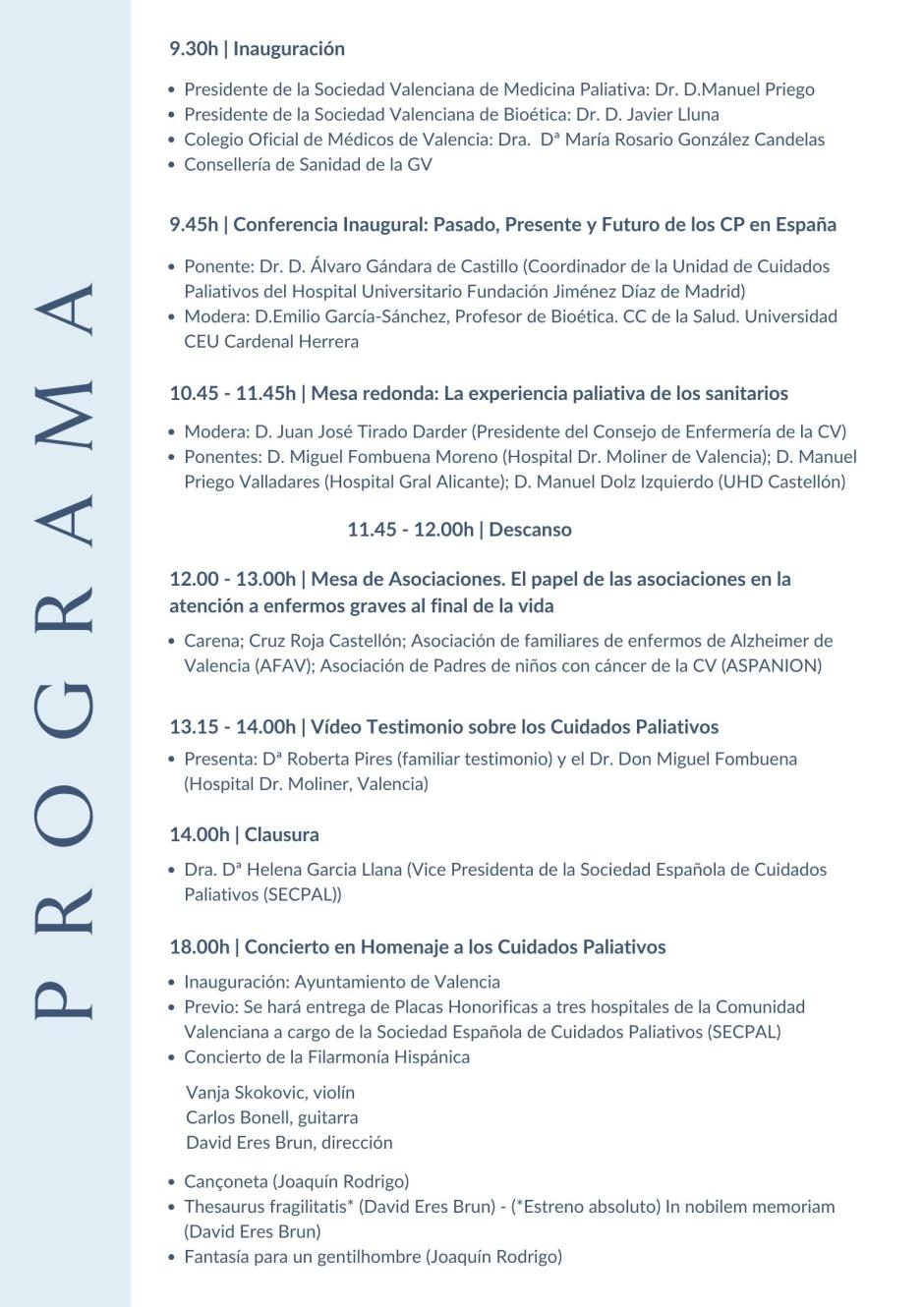 Programa del acto sobre cuidados paliativos en Valencia