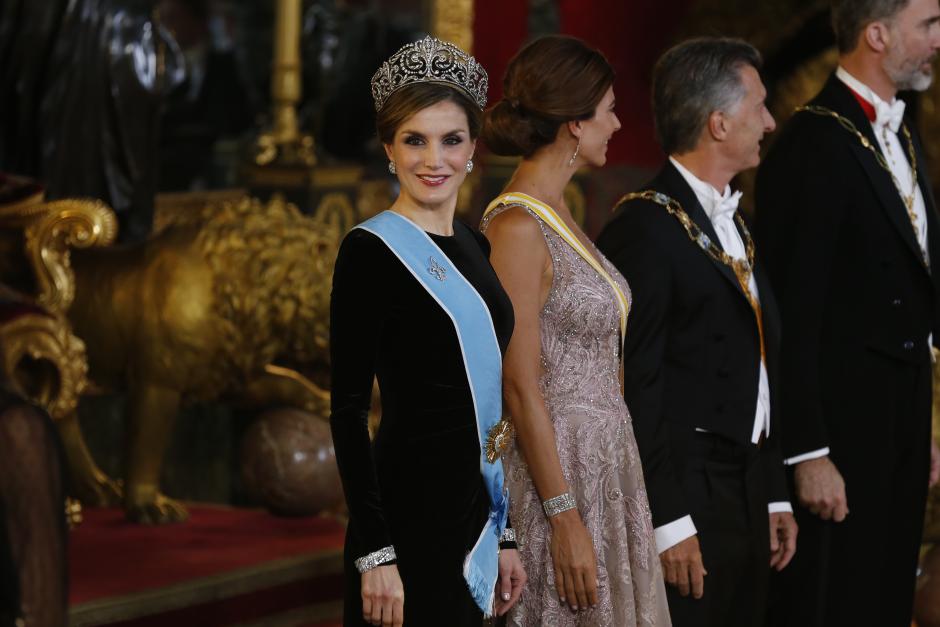 Kings Felipe VI and Letizia of Spain with Argentina President Mauricio Macri and wife Juliana Awada during Gala Dinner for Argentina‚Äôs President on ocassion his official visit to Spain in RealPalace, Madrid on Wednesday 22, February 2017