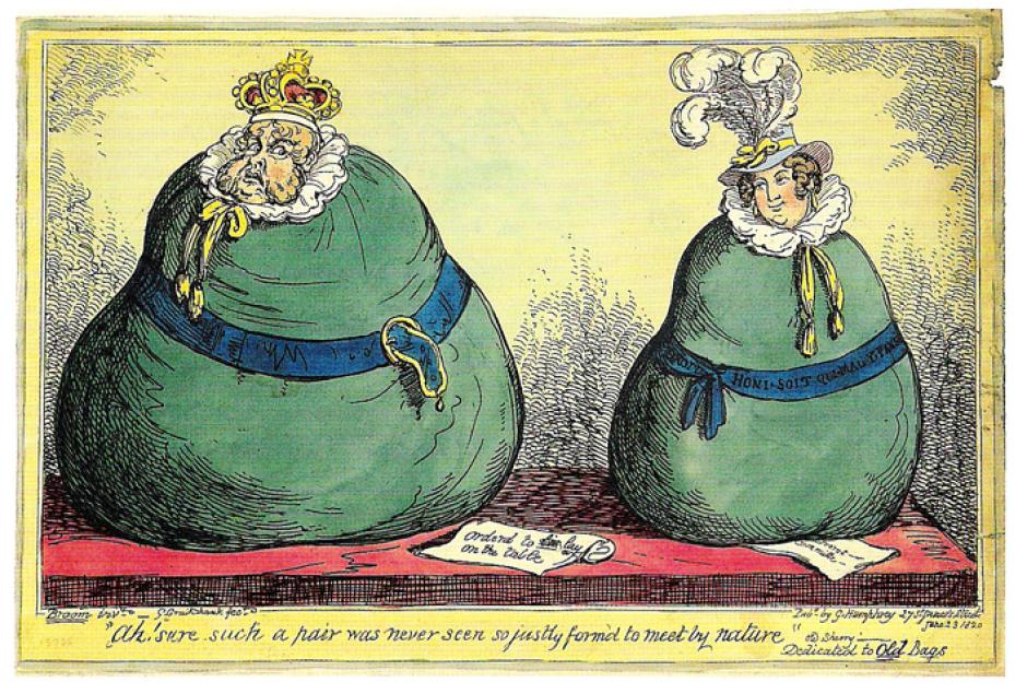Caricatura de Georg y Caroline, mostrándolos sosteniendo dos grandes bolsas verdes en las que llegaron pruebas desde Milán
