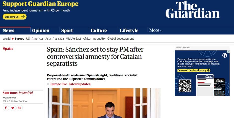 En la noticia sobre el acuerdo de investidura entre el PSOE y Junts, The Guardian destaca que el acuerdo ha alarmado a los partidos de derechas, pero también los votantes socialistas tradicionales y al comisario de Justicia de la Unión Europea.