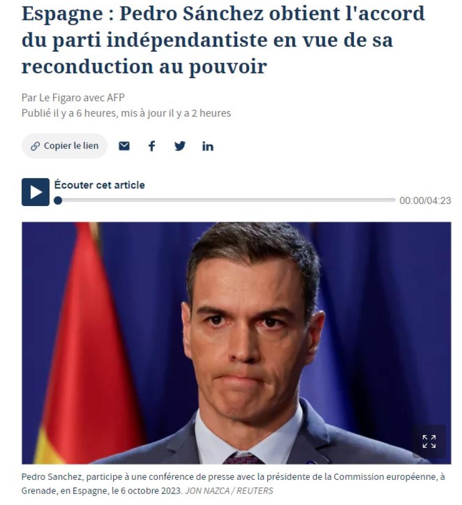 El diario francés Le Figaro señala que Pedro Sánchez obtiene el visto bueno del partido independentista para regresar al poder. Señala también que la ley de amnistía es controvertida y que “está aumentando la tensión en el país”.