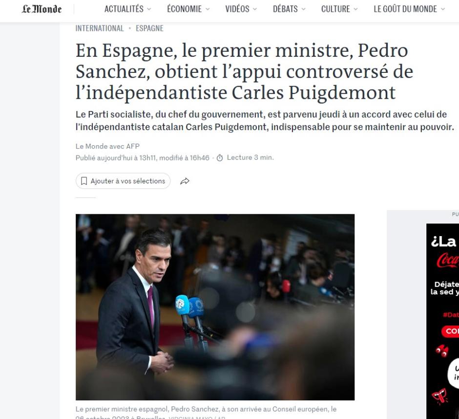 Le Monde también incide en lo controvertido de la ley de amnistía y en la dependencia del independentista Carles Puigdemont. También subraya que, una vez elegido presidente, Sánchez “tendrá que lidiar con una mayoría que promete ser inestable”. En concreto, cita la oposición de los nacionalistas vascos del PNV, “muy cercanos al mundo empresarial”, a respaldar en el parlamento la reducción de la semana laboral a 37,5 horas, una de las medidas estrella del acuerdo entre el PSOE y Sumar.