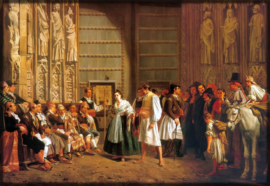 Una pintura de 1865 que muestra una reunión del Tribunal de las Aguas de Valencia