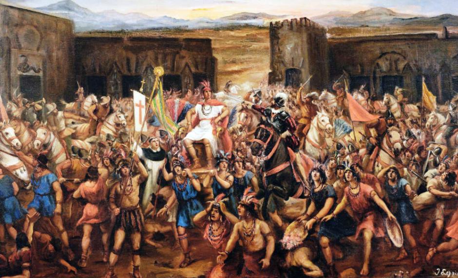Óleo de Juan B. Lepiani que representa la captura de Atahualpa en Cajamarca