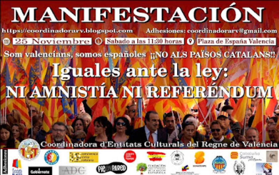 Cartel de la convocatoria de una manifestación contra los pactos de Sánchez con los secesionistas en Valencia