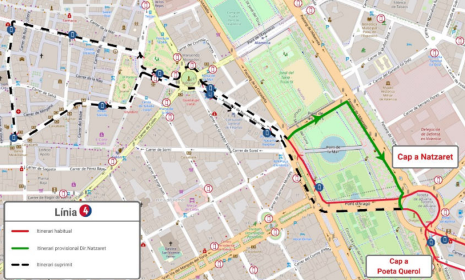 Plano de la modificación de una línea de autobús por la manifestación de Denaes