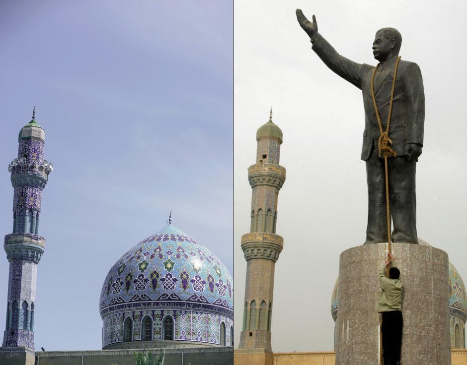 La cúpula y el minarete de la Mezquita en la plaza Fardous de Bagdad (L) y una fotografía tomada hace 20 años, el 9 de abril de 2003, que muestra a un iraquí colgando una cuerda alrededor de una estatua del ex presidente iraquí Saddam Hussein.