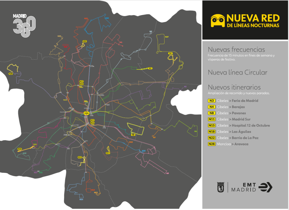 Mapa de los autobuses nocturnos de la EMT