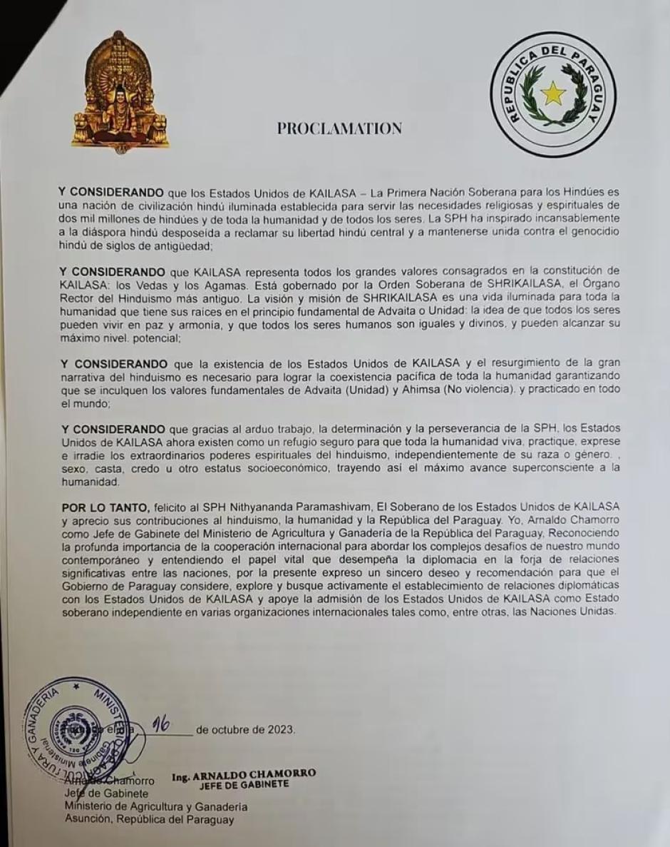 Acuerdo firmado por el exjefe de gabinete del ministerio de agricultura de Paraguay con los Estados Unidos de Kailasa