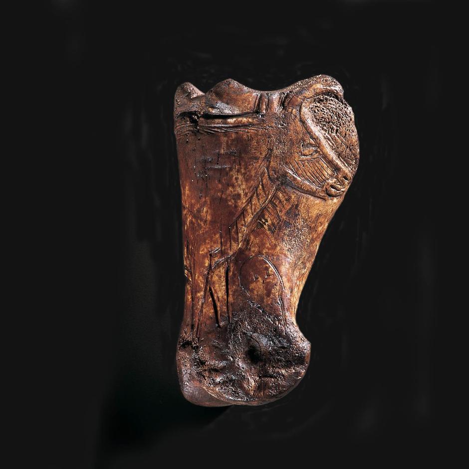 Falange de uro con representación grabada del mismo animal y una cara humana dentro de la cabaña paleolítica descubierta por el equipo de arqueólogos de La Garma