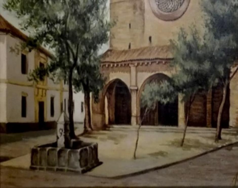 La plaza en 1942, con la fuente de 1735 y las acacias. Pintura de José Luis Muñoz.