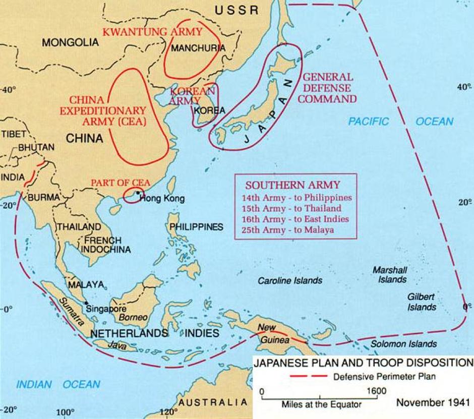 Plan de las ofensivas japonesas previstas en el Pacífico y en el Sudeste de Asia, simultáneamente al ataque a Pearl Harbor
