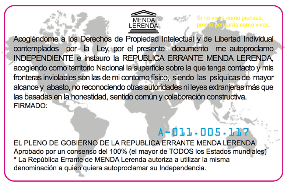 Anverso del supuesto documento identificativo de la República Menda Lerenda