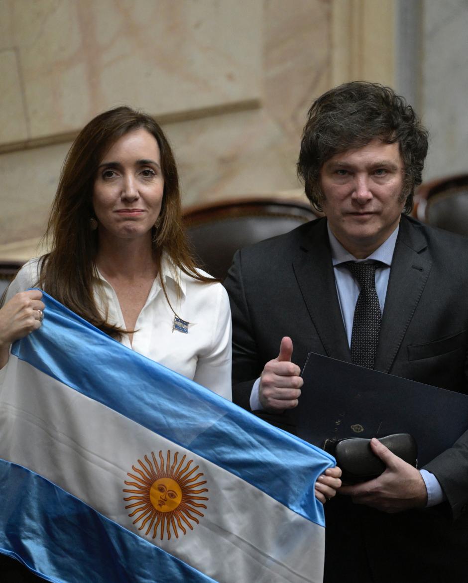 El presidente electo de Argentina Javier Milei y su vicepresidenta electa Victoria Villarruel