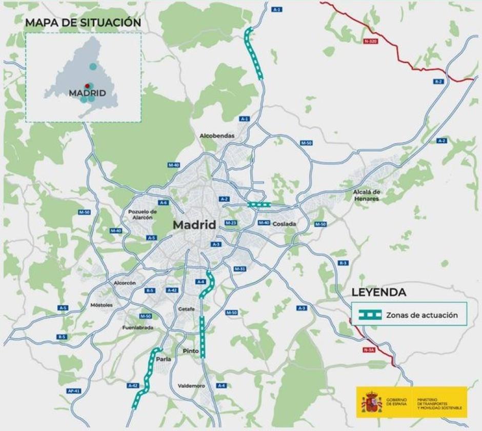 Mapa de los cuatro tramos afectados