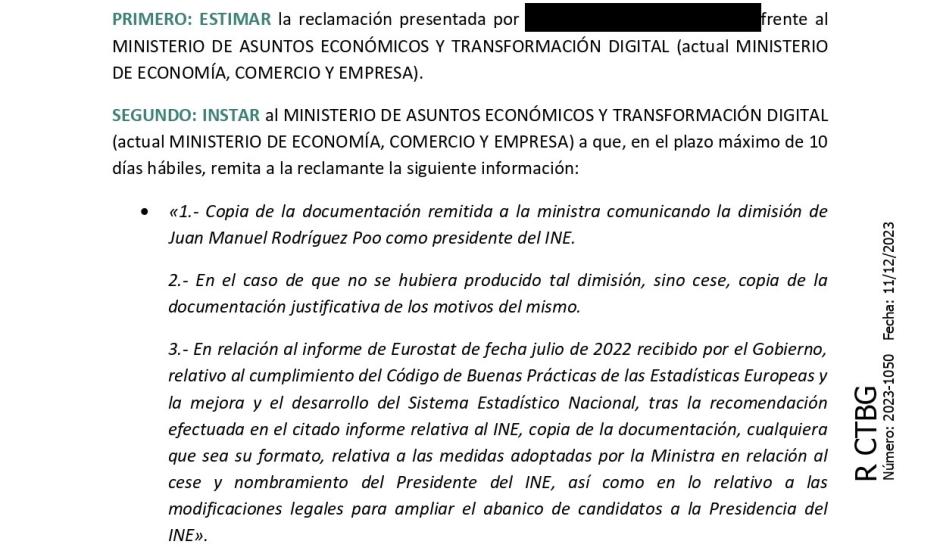 Extracto de la resolución del CTBG que reclama a Calviño documentación sobre el cese y nombramiento del presidente del INE