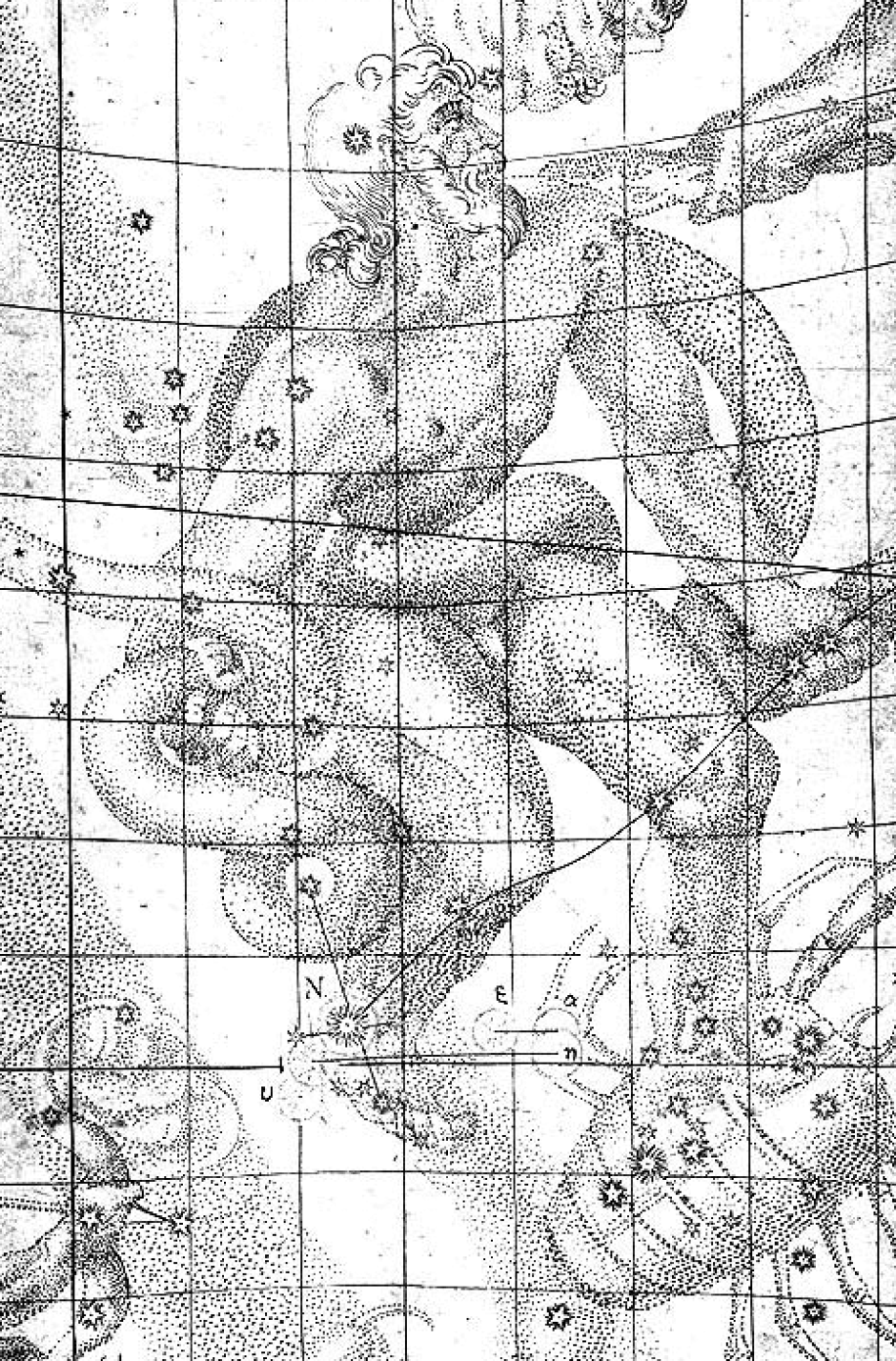 Ilustración de De Stella nova in pede Serpentarii, que muestra la posición de la supernova de Kepler.