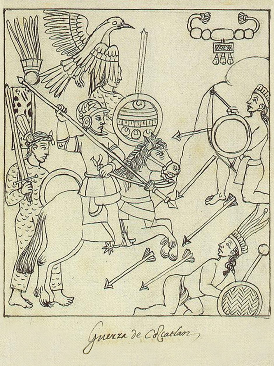 Detalle del Manuscrito de Glasgow representando a Pedro de Alvarado liderando a los guerreros tlaxcaltecas en la Guerra de Cuzcatlán