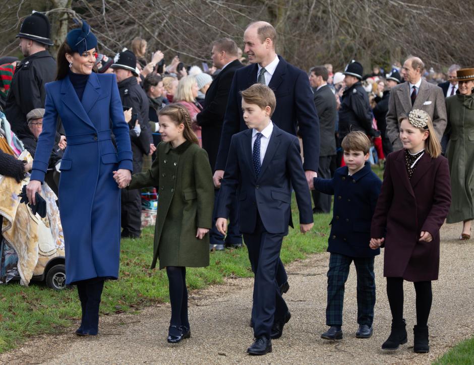 Kate Middleton Princess of Wales, Princess Charlotte, Prince George, Prince William, Prince Louis and Mia Tindall attending the Christmas day in Sandringham in Norfolk, England, 25 Dec 2023