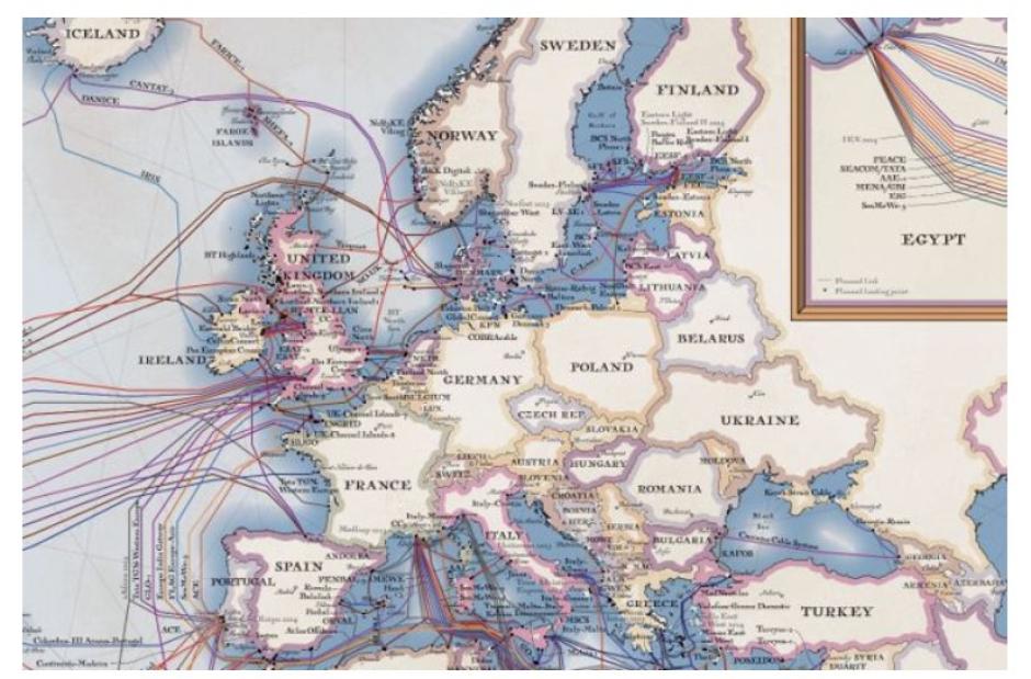 Mapa de cables submarinos en Europa en 2023