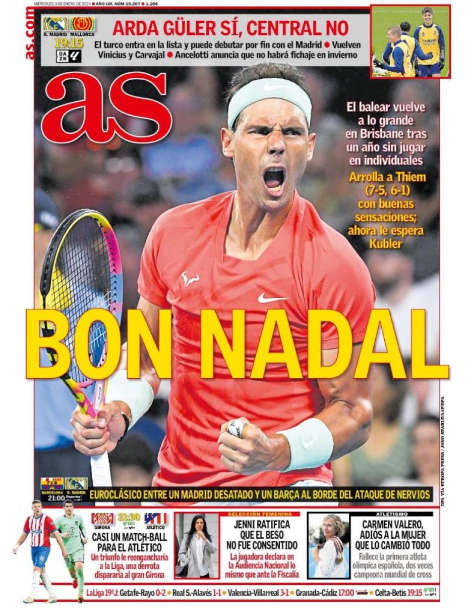 El 'Diario AS' también lleva a su portada la foto principal de Rafa Nadal