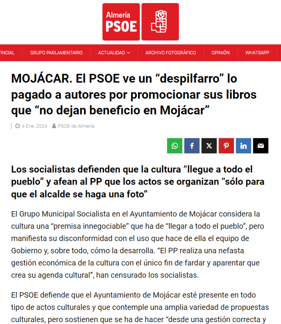 Comunicado del PSOE sobre la jornada cultural en Mojácar