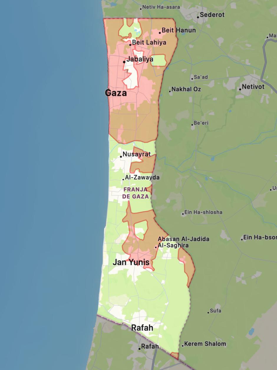 En rojo, las áreas que controla Israel en la franja de Gaza