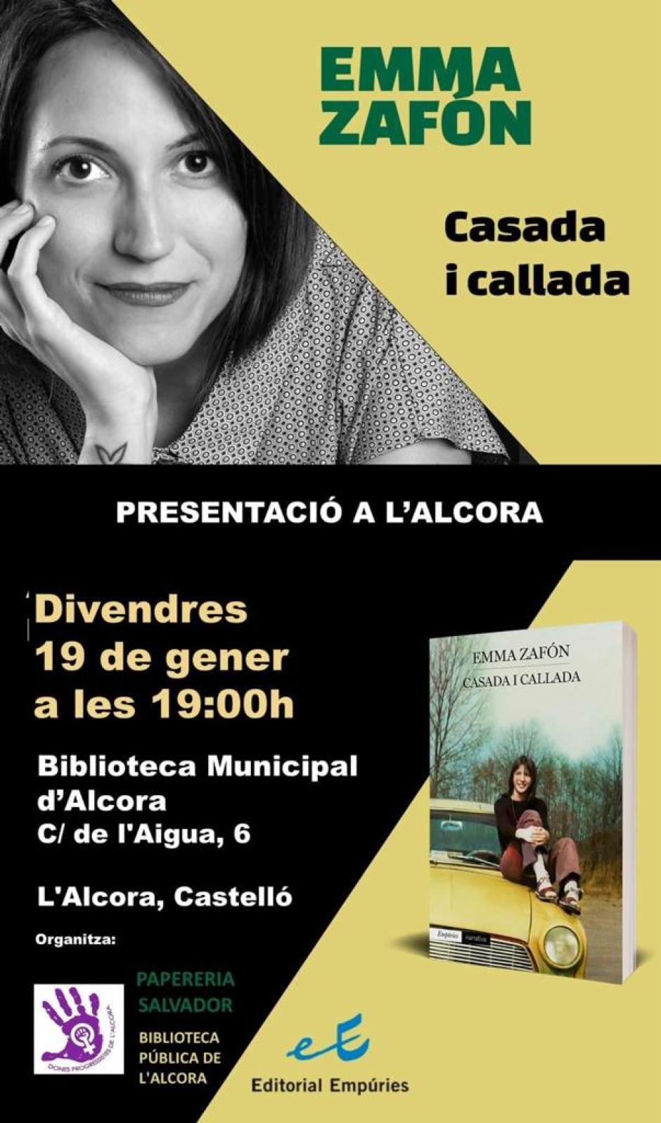 Cartel de la presentación del libro de Emma Zafón en Alcora