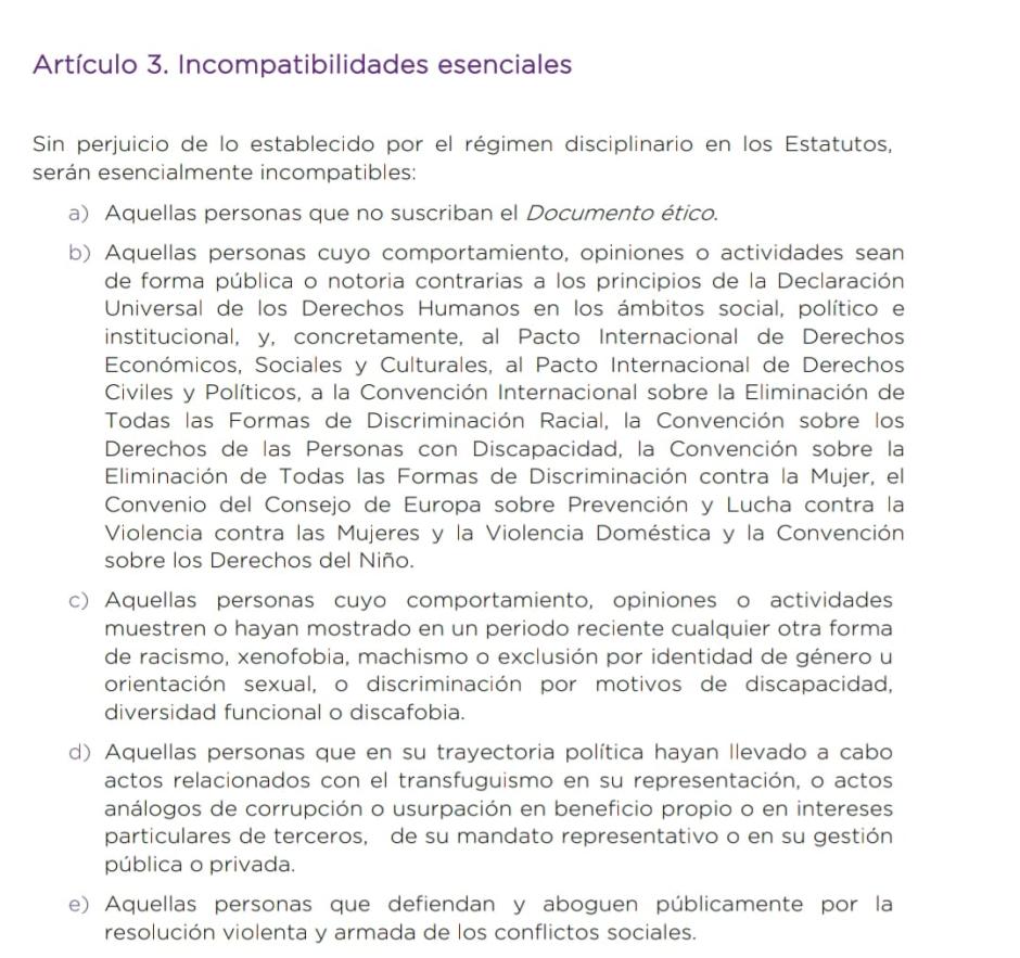 Estatutos de Podemos con las prohibiciones a la militancia