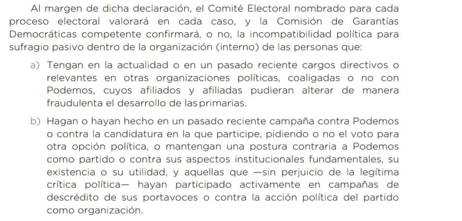 Estatutos de Podemos con las prohibiciones a la militancia (I)