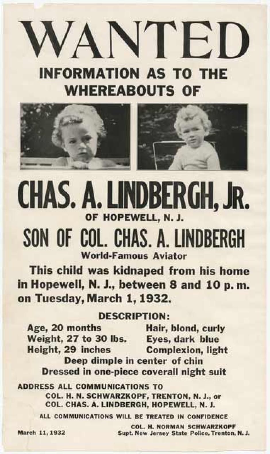 Póster de "se busca" del bebé de Lindbergh