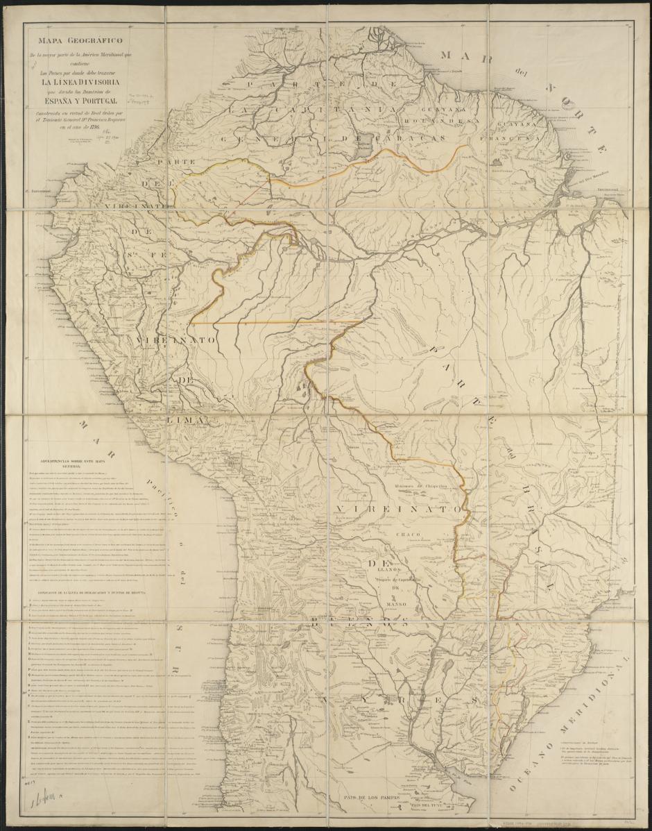 Mapa de América con las modificaciones territoriales del Tratado de Madrid