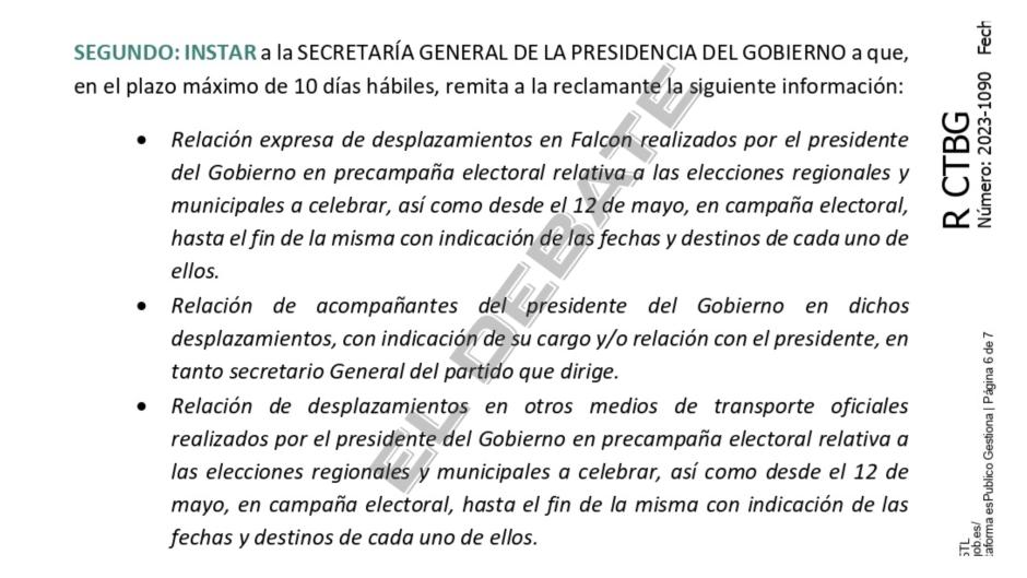 Fragmento de la resolución del CTBG que insta a Sánchez a explicar el uso del Falcon