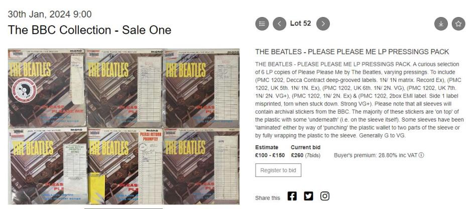 El lote 52 de la subasta organizada por Omega Auctions, con vinilos originales de The Beatles