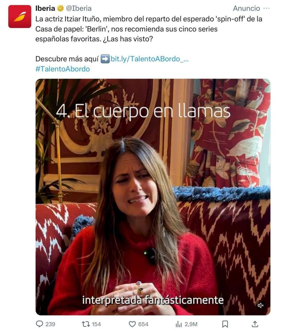 Publicación borrada de Iberia con la actriz Itziar Ituño