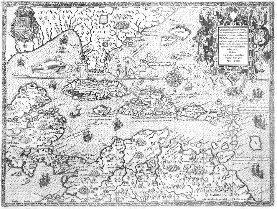Cartografía de 1594, grabado de Theodor de Bry