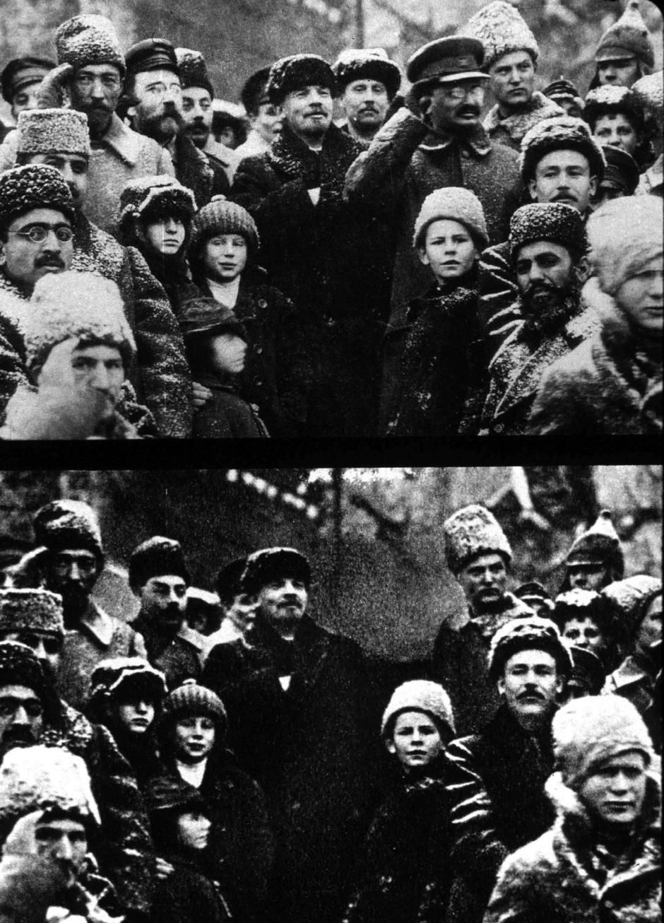 Tras la muerte de Lenin, Stalin se esfuerza por "quitarse del medio" a Lenin. Empieza borrándole de algunas imágenes