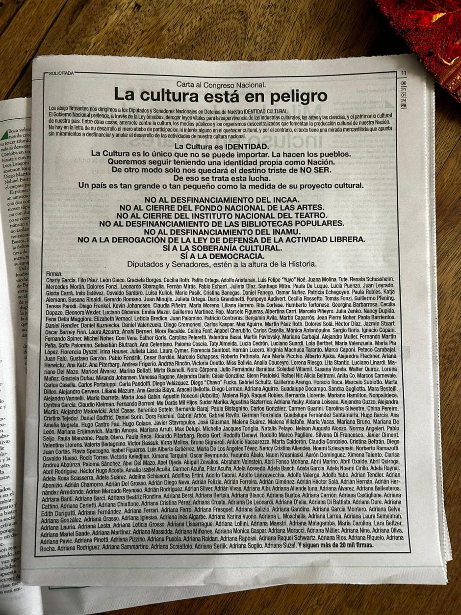 Carta al Congreso Nacional de Argentina titulada 'La cultura está en peligro'