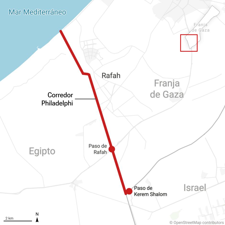 Mapa del corredor Philadelphi entre la Franja de Gaza y Egipto