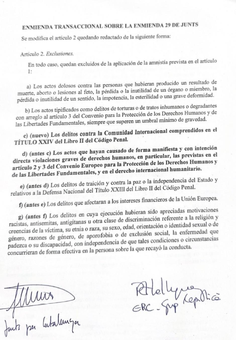 La enmienda de Junts y ERC sobre las exclusiones a la amnistía