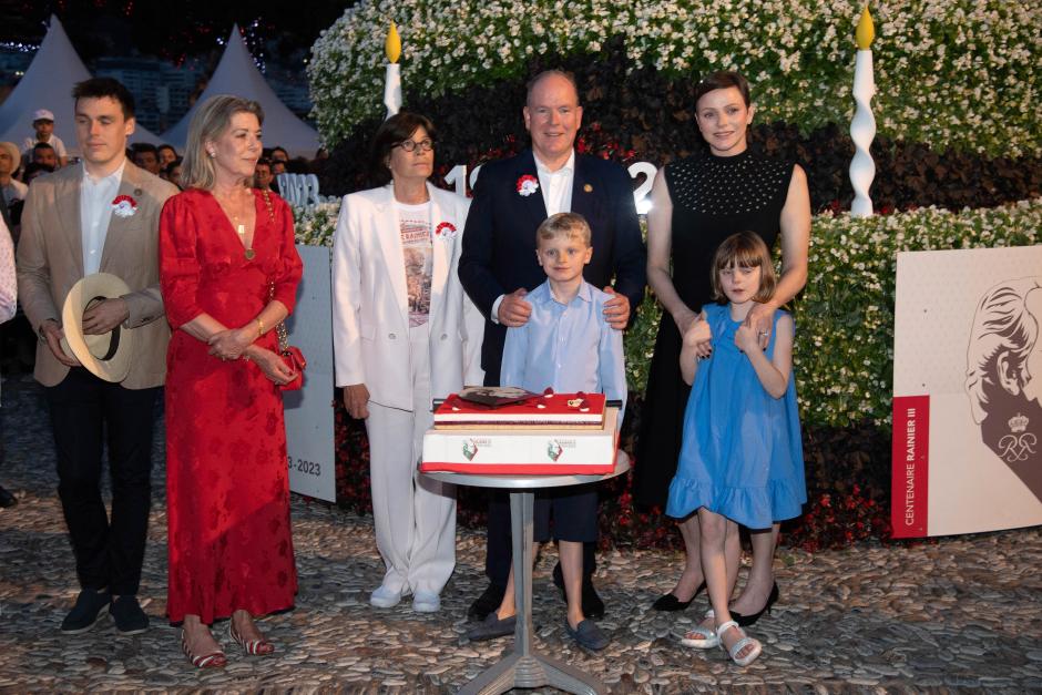 Princess Caroiline of Moanco , Princess Stephanie of Monaco, Prince Jacques of Monaco, Prince Albert II of Monaco, Princess Gabriella of Monaco and Princess Charlene of Monaco during the celebration to mark the birth of the late PrinceRainer III on May 31, 2023 in Monaco.